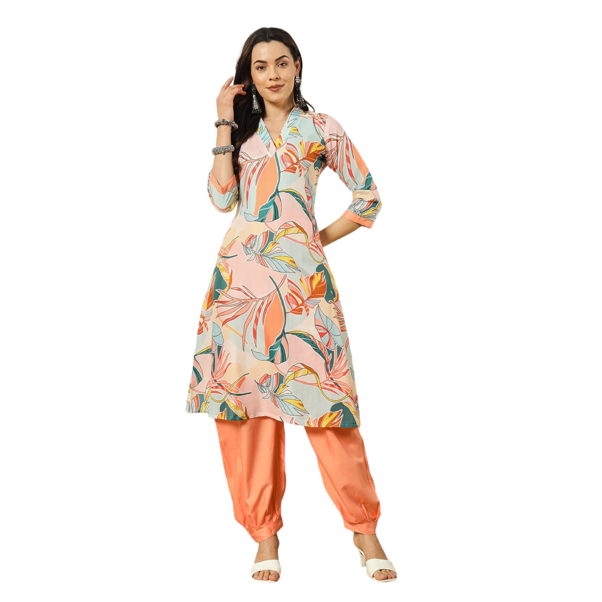 Gufrina Women'S Co-Ords Set - V Neck 3/4 Sleeve Kurti Length Top With Harem Pants, Rayon Fabric (Peach S)
