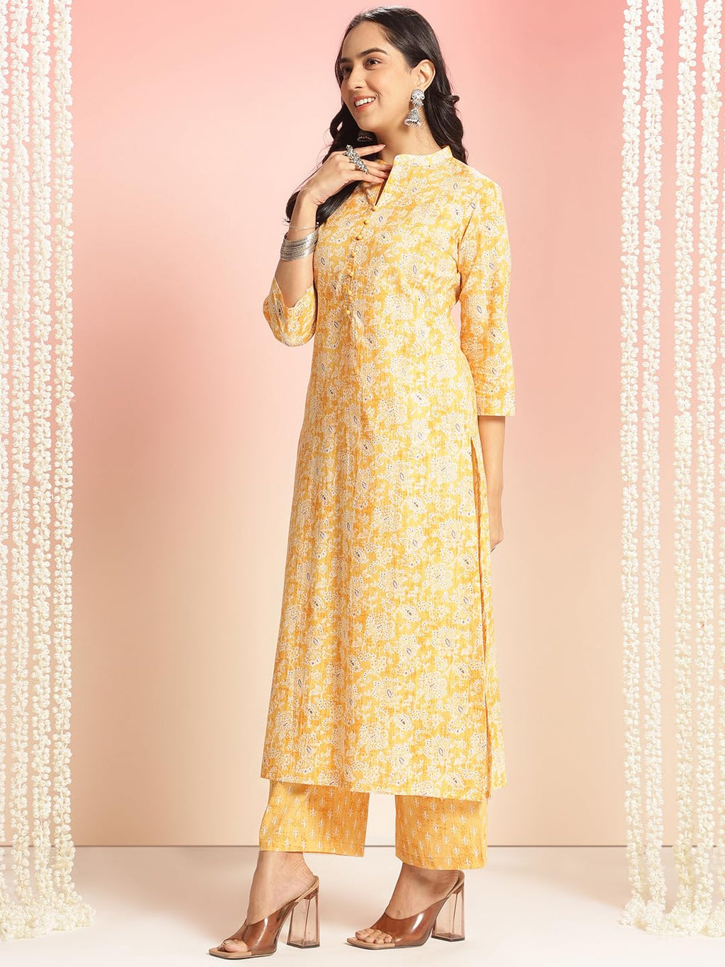 ANNI DESIGNER Womens Rayon Viscose Straight Printed Kurta with Palazzo (Nalagarh Yellow_S_Yellow_Small)