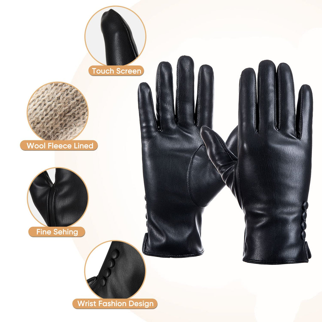 Alepo Winter PU Leather Gloves For Women, Warm Thermal Touchscreen Texting Typing Dress Driving Motorcycle Gloves With Wool Lini