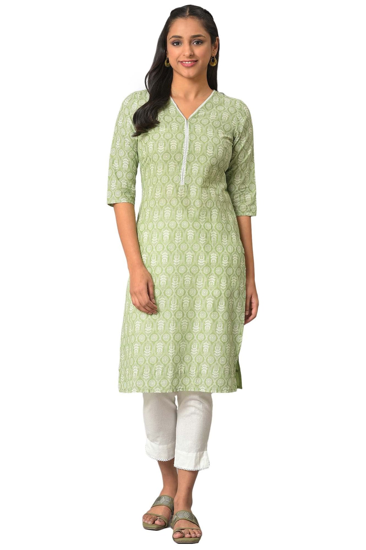 Green Floral Printed V-Neck Plus Size Kurta