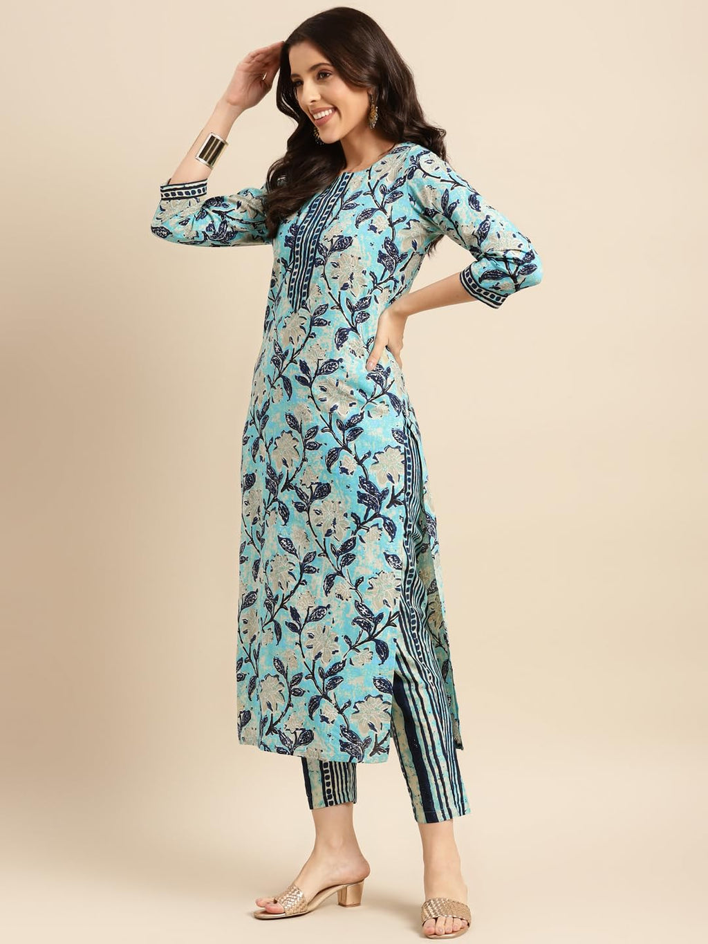 ANNI DESIGNER Womens Cotton Blend Straight Printed Kurta with Pant (Saanvi Navy Blue-NW_M_Navy Blue_Medium)