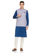 Manyavar Blue Cotton Printed Celebration Kurta Jacket Set With Mandarin Collar