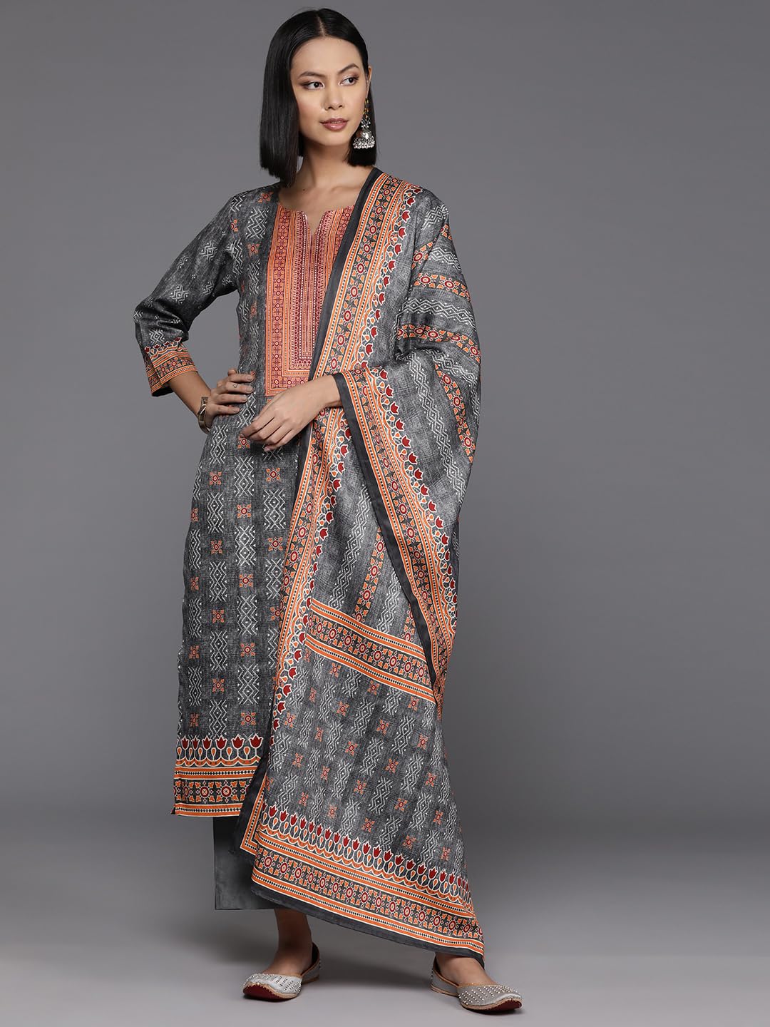 Varanga Women Grey Woolen Ethnic Motif Printed Straight Kurta Paired With Tonal Bottom And Dupatta - Cozy And Elegant Winter Wear
