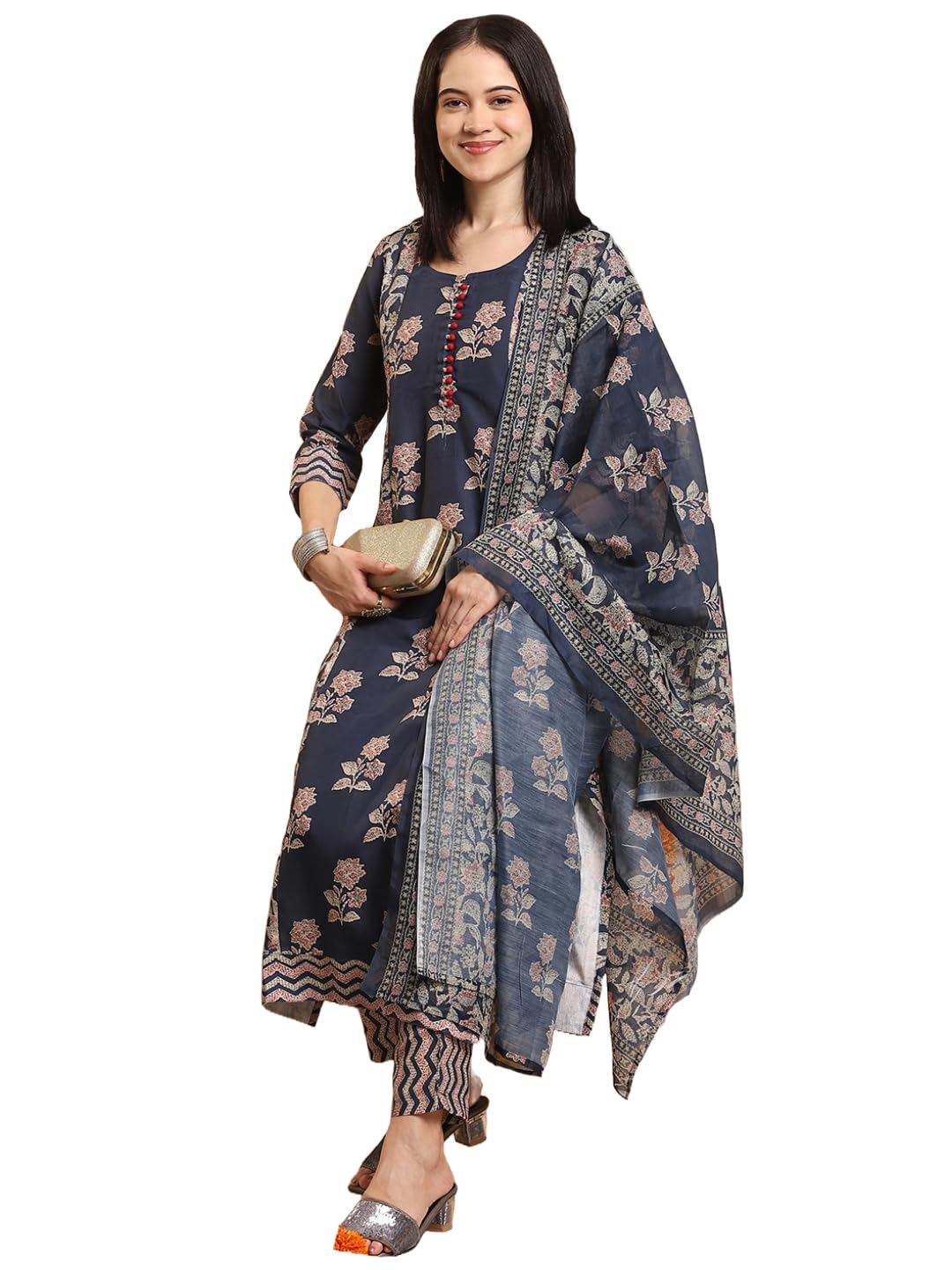 ANNI DESIGNER Women s Printed Rayon Blend Kurta with Pants and Dupatta, Navy blue, L