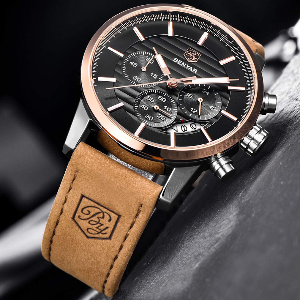BENYAR Quartz Chronograph Waterproof Watches Business and Sport Design Leather Band Strap Wrist Watch for Men (Brown Gold Black)