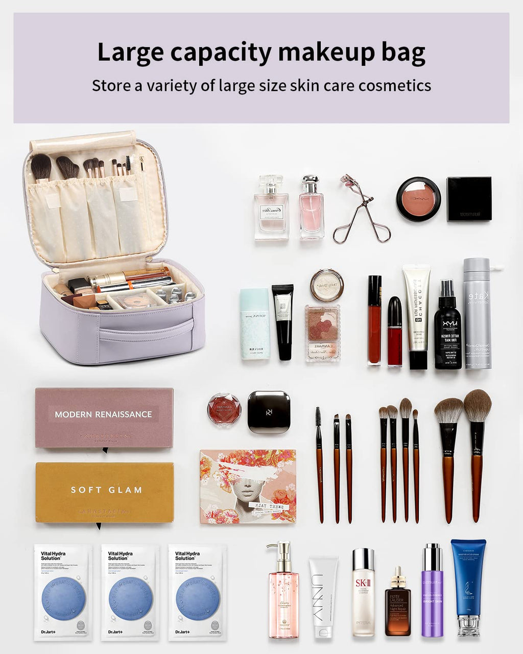 Vlando Makeup Bag Travel Cosmetics Bag Faux Leather Make up Bag Portable Artist Storage Bag with Adjustable Dividers for Cosmeti