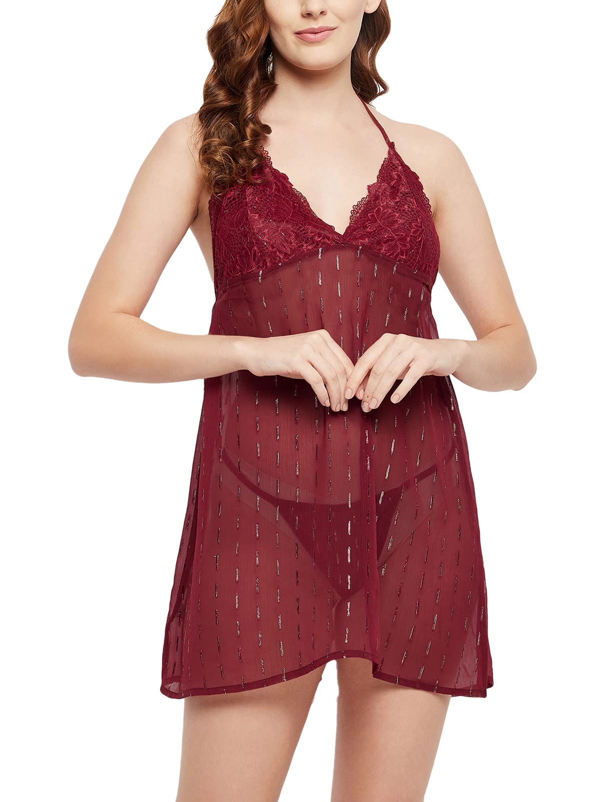 Clovia Womens Georgette Mini Casual Night Shirt (NS1384P09XL_Maroon_XL)