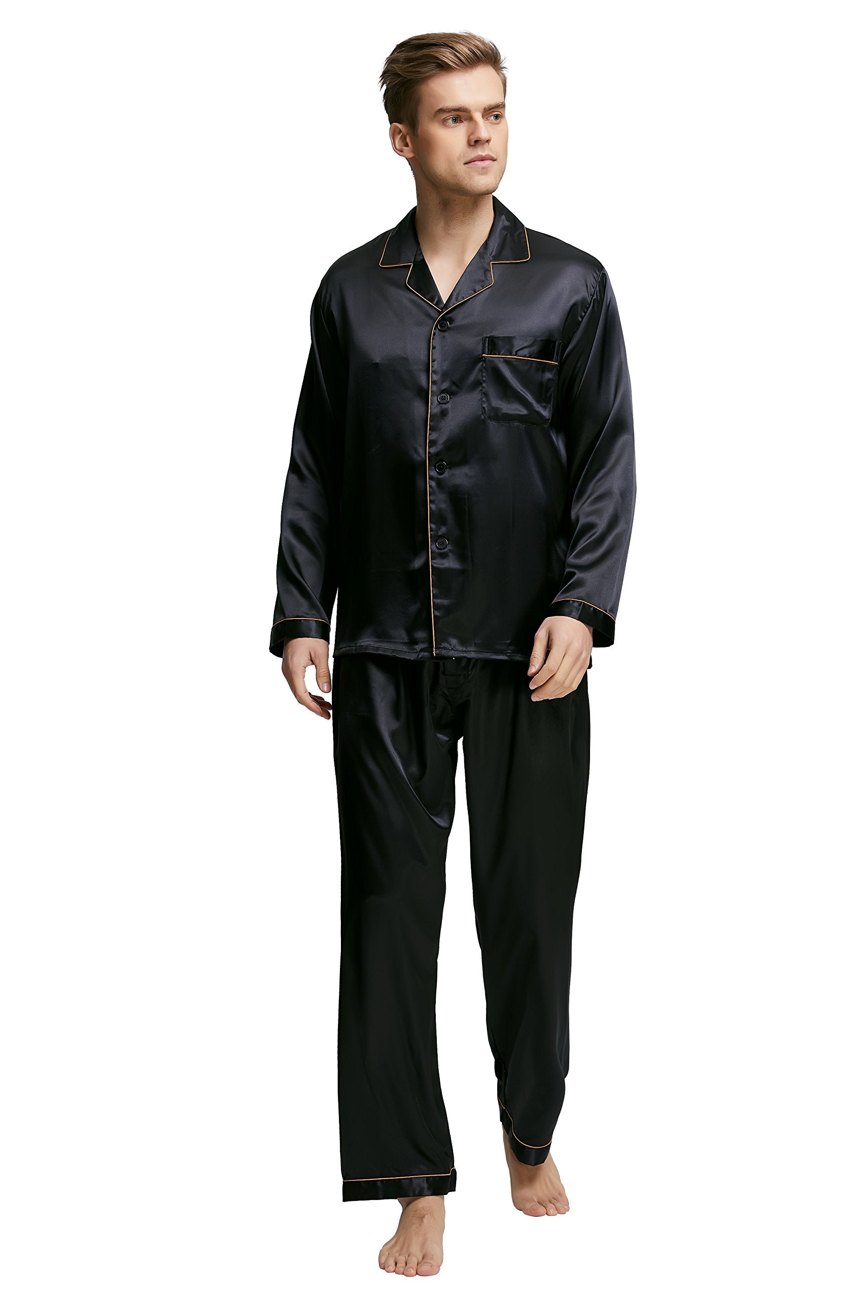 Tony & Candice Men's Classic Satin Pajama Set Sleepwear (Medium, Black with Golden Piping)
