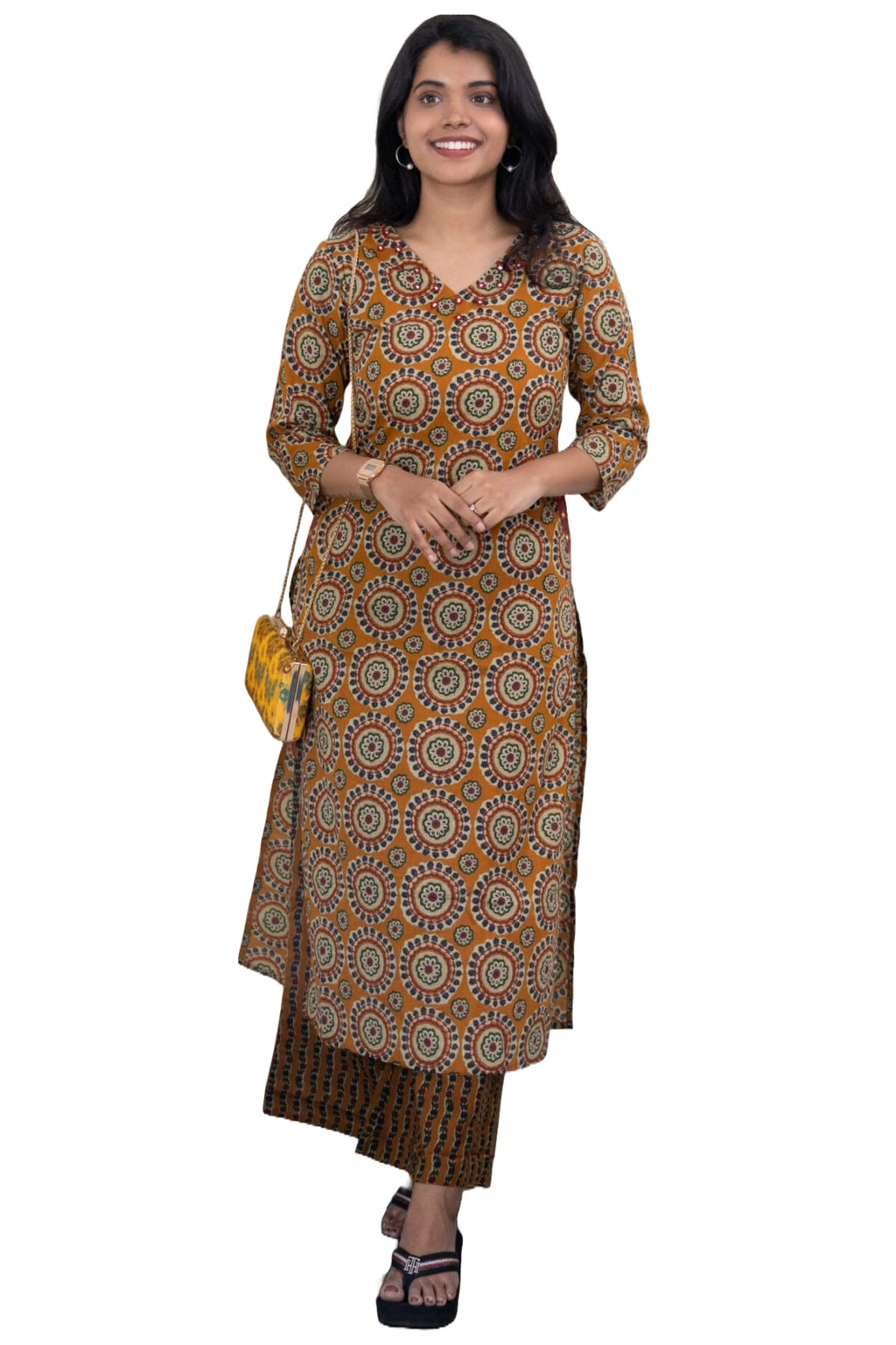 ANNI DESIGNER Womens Rayon Blend Straight Printed Kurta with Palazzo (Jones Mustard_S_Mustard_Small)