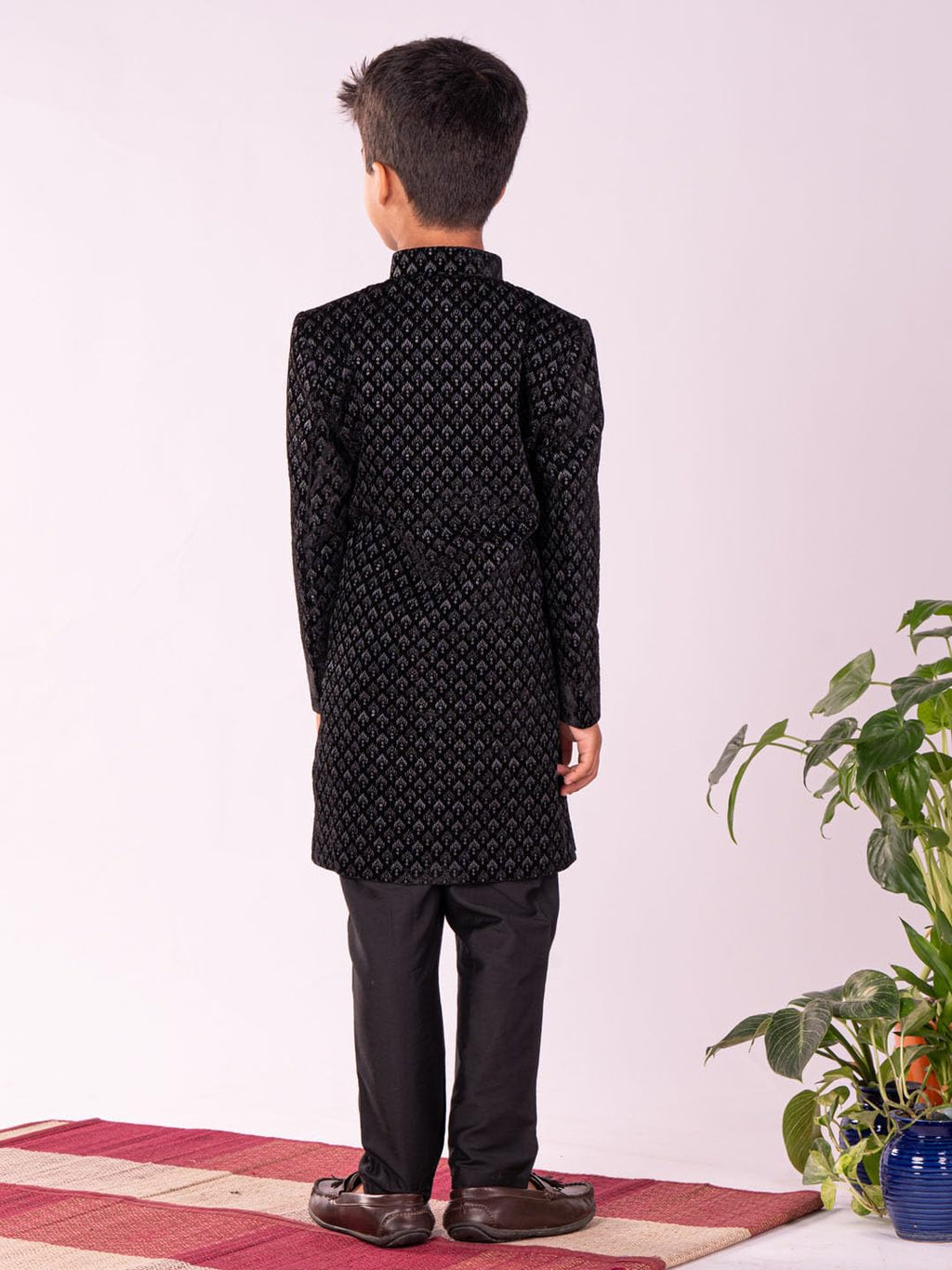 VASTRAMAY Boys Velvet Black Sherwani Set | Sequined Embroidered Indo Western With Pant style Pyjama