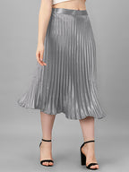 Kzully | Elegant Ensemble Satin Midi Skirts For Women & Girls Silver