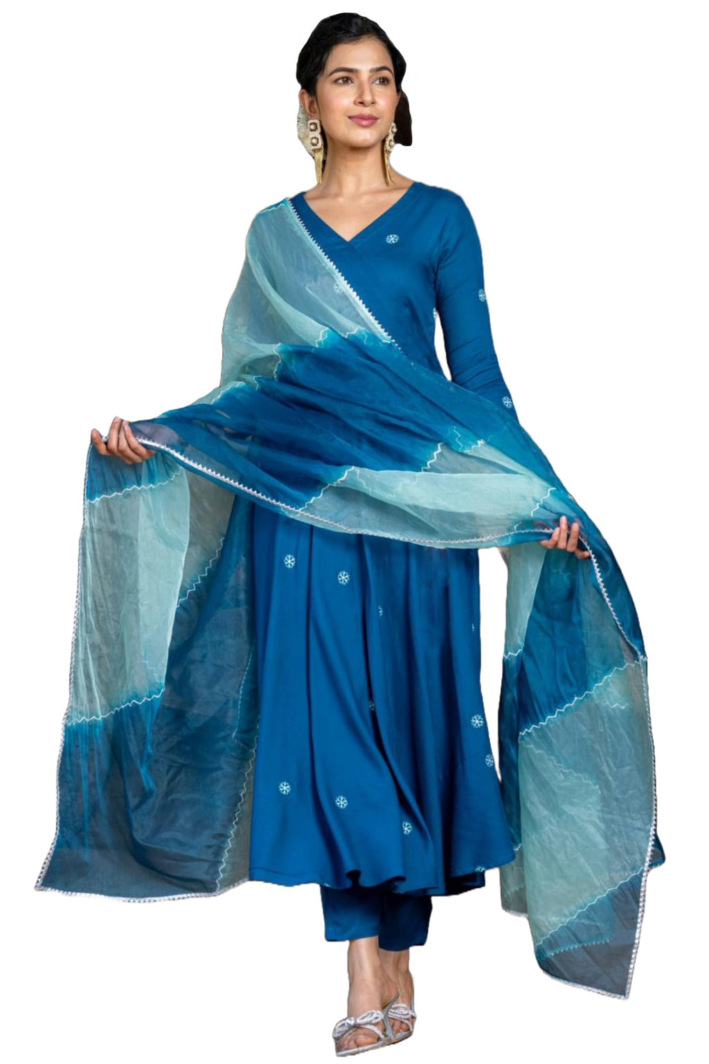 ANNI DESIGNER Womens Cotton Blend Anarkali Embroidered Kurta with Pant & Dupatta (GSK-Cerosin_XXL_Blue_XX-Large)