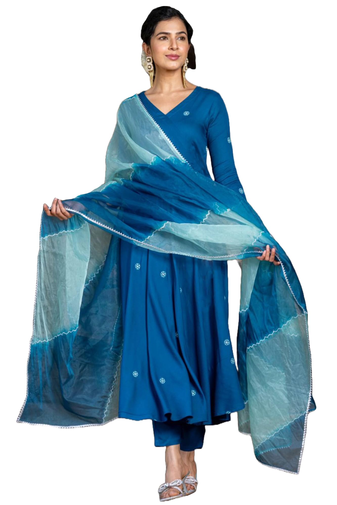 ANNI DESIGNER Womens Cotton Blend Anarkali Embroidered Kurta with Pant & Dupatta (GSK-Cerosin_XXL_Blue_XX-Large)
