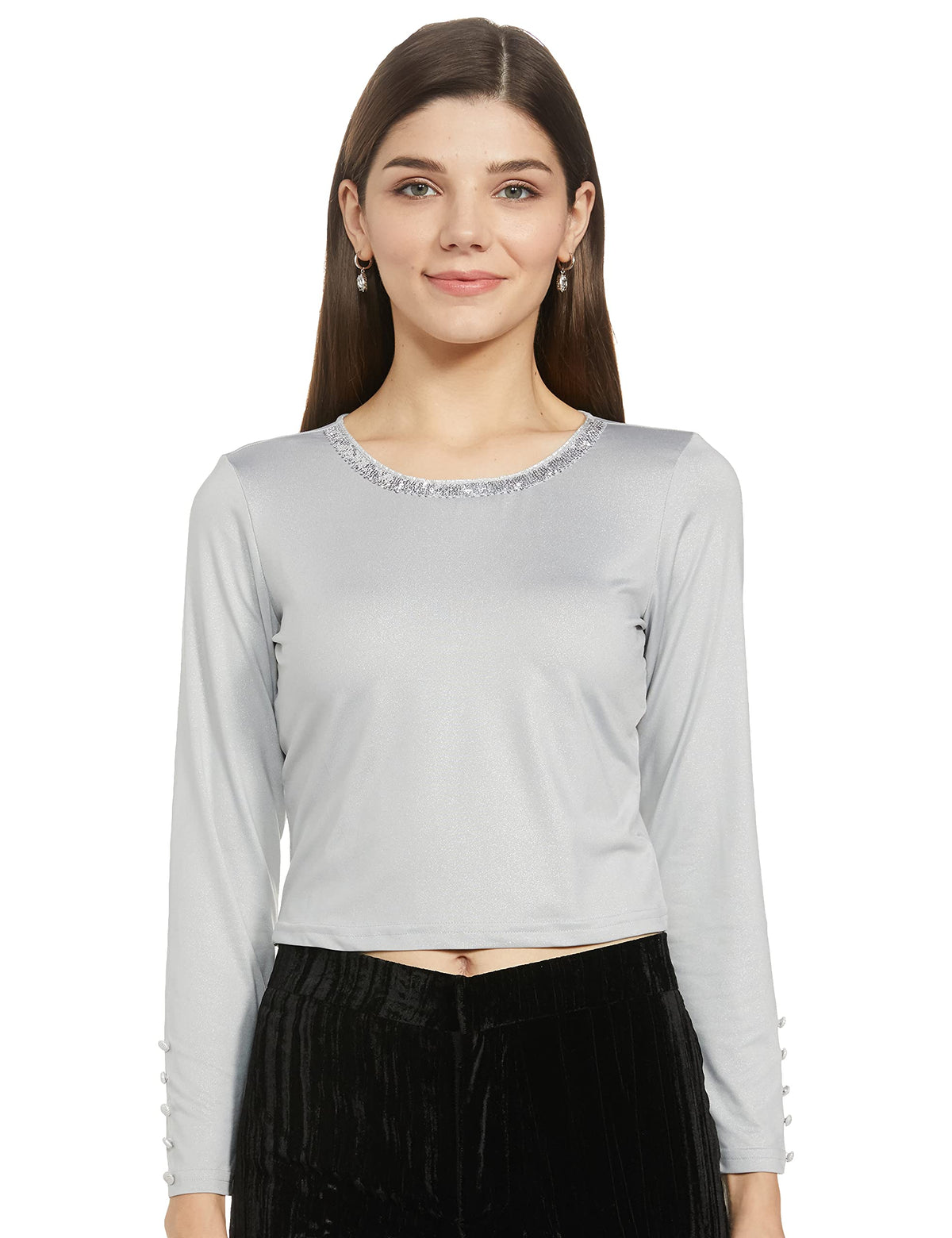 Aurelia Womens Solid Regular Top (20AUA30241-501760_Silver M)