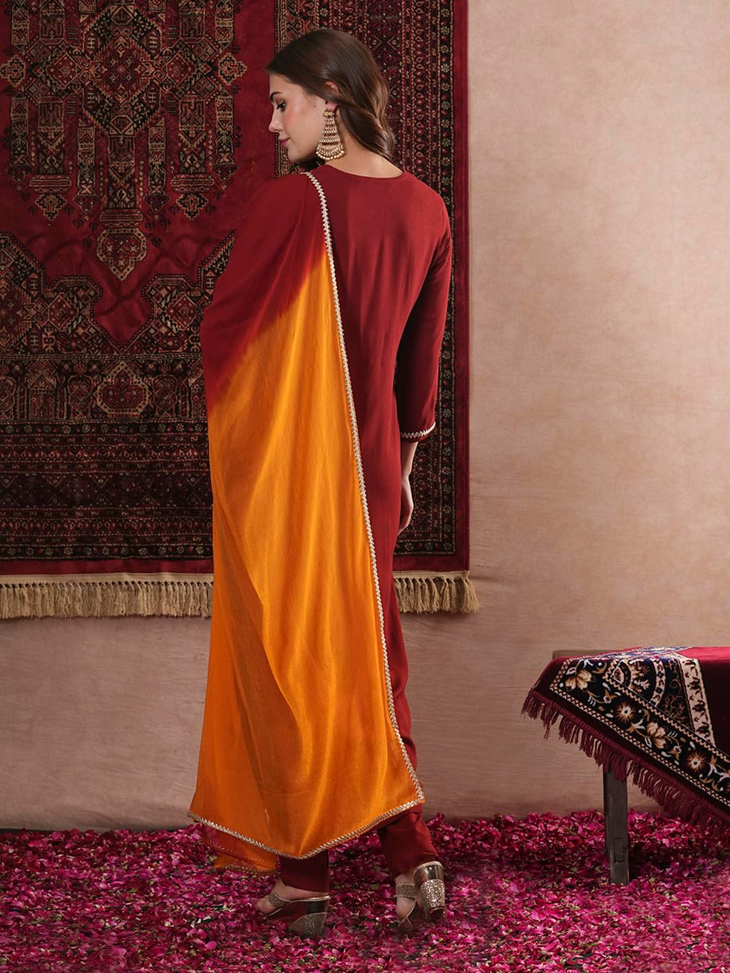 ANNI DESIGNER Ladies Plain Rayon Blend Kurta with Trousers and Dupatta, dark red, S