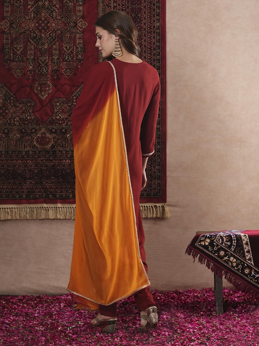 ANNI DESIGNER Ladies Plain Rayon Blend Kurta with Trousers and Dupatta, dark red, S