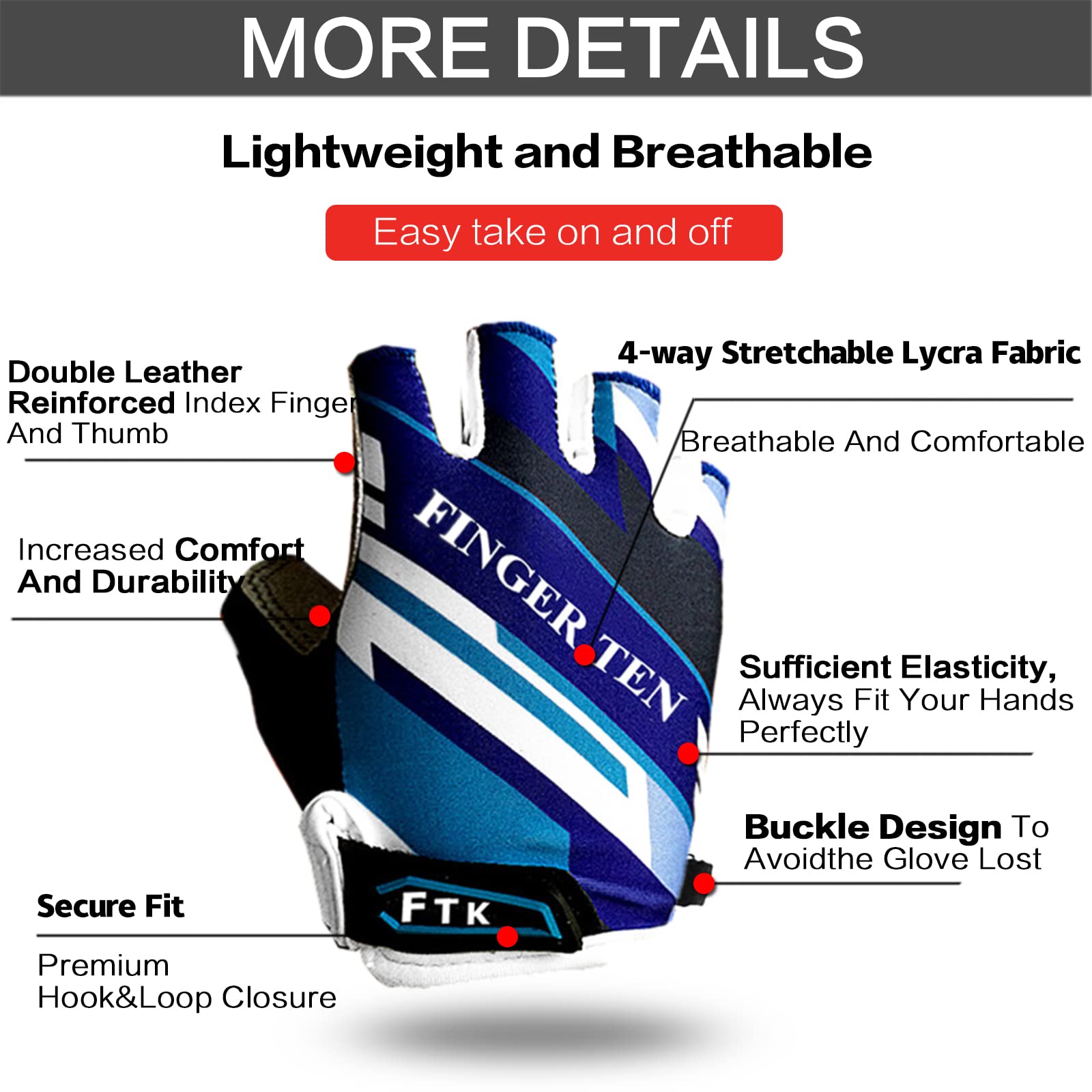 FINGER TEN Kids Junior Cycling Gloves Outdoor Sport Road Mountain Bike Pair, Fit Boy Girl Youth Age 2-10, Gel Padding Bicycle Ha