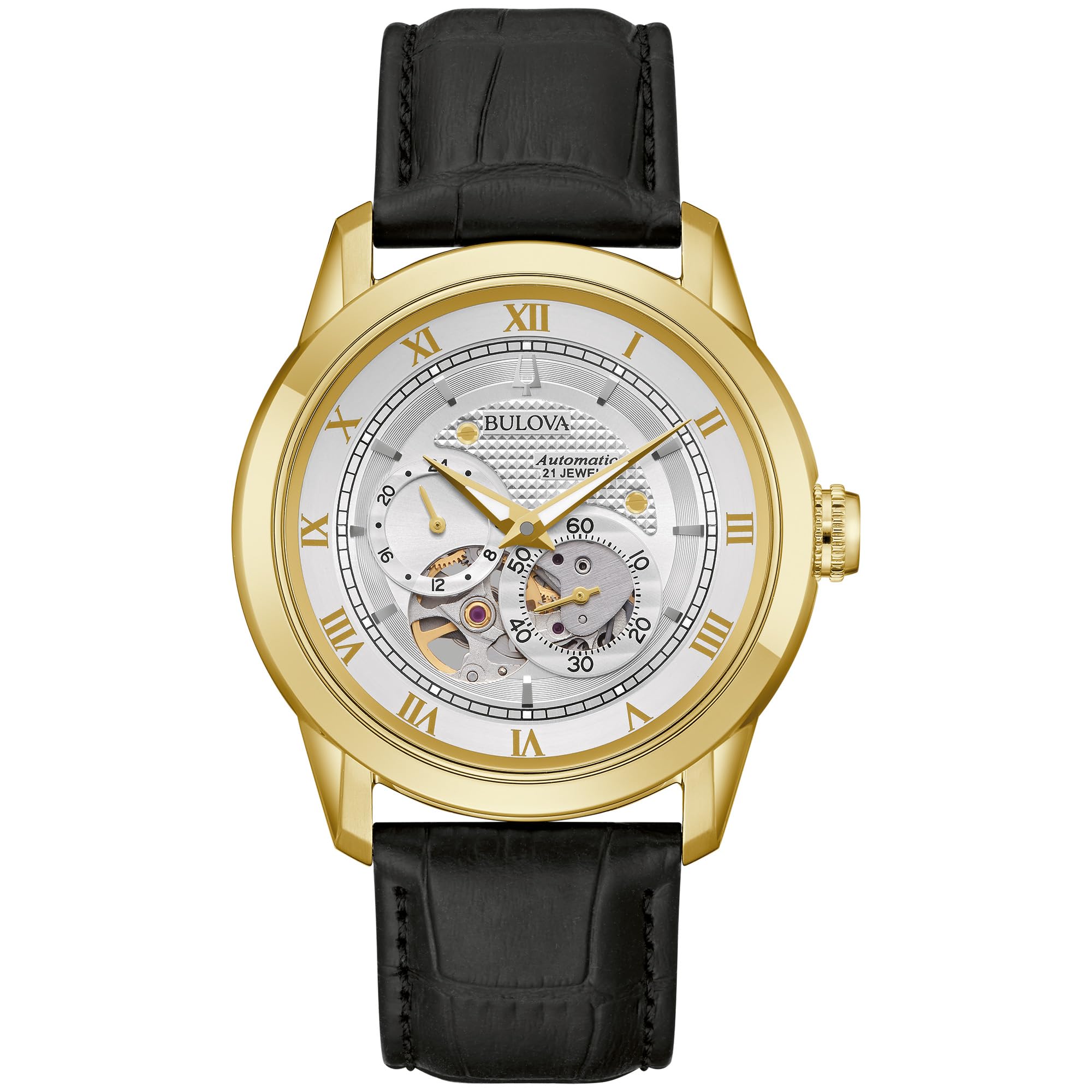 Bulova Men's Classic Sutton 4-Hand Automatic Watch with Gold Stainless Steel, Black Leather Strap,Open Aperture,Exhibition Caseb