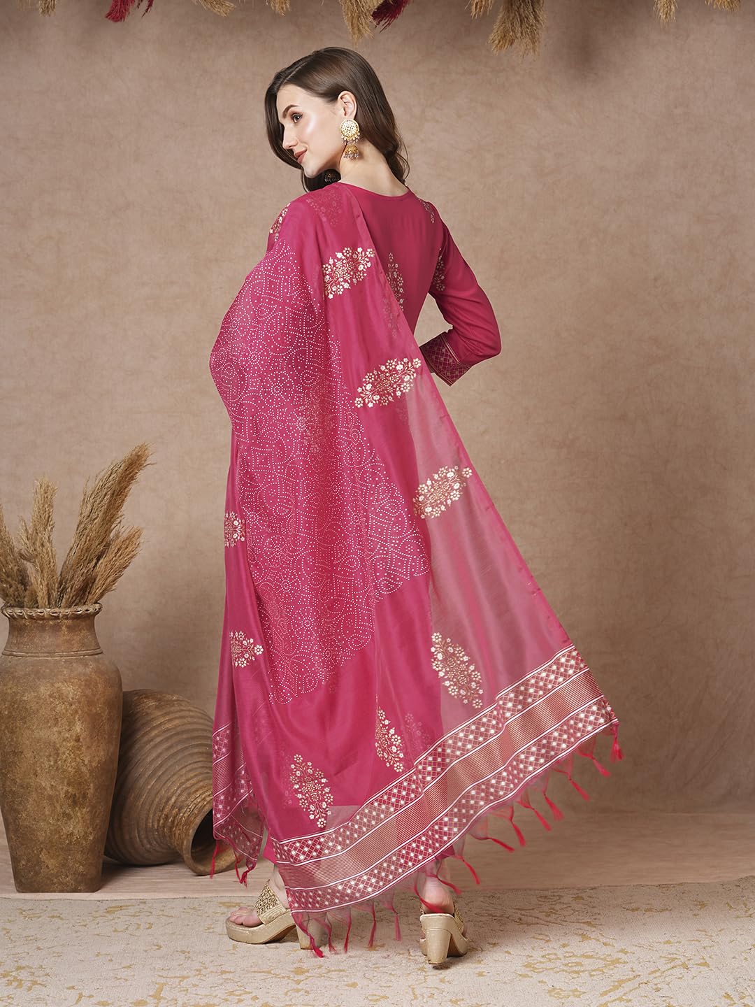 ANNI DESIGNER Ladies Rayon Printed Kurta with Trousers, pink, XL