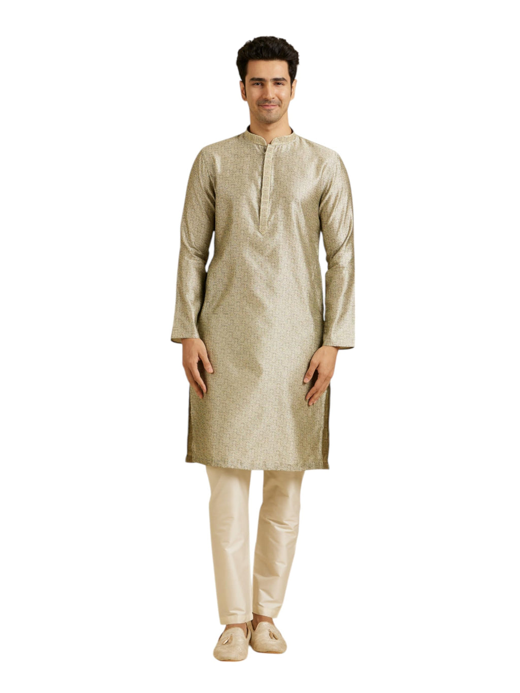 Manyavar MenS Art Silk Intricate Prints & Neck Detailing Kurta Pyjama Set (Green,L)