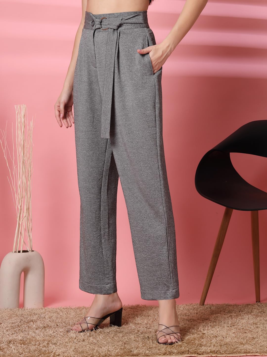 OOMPH! High Waist Trousers for Women  Flared Korean Style Formal Pants | Elegant Workwear for Office, College & Events Grey