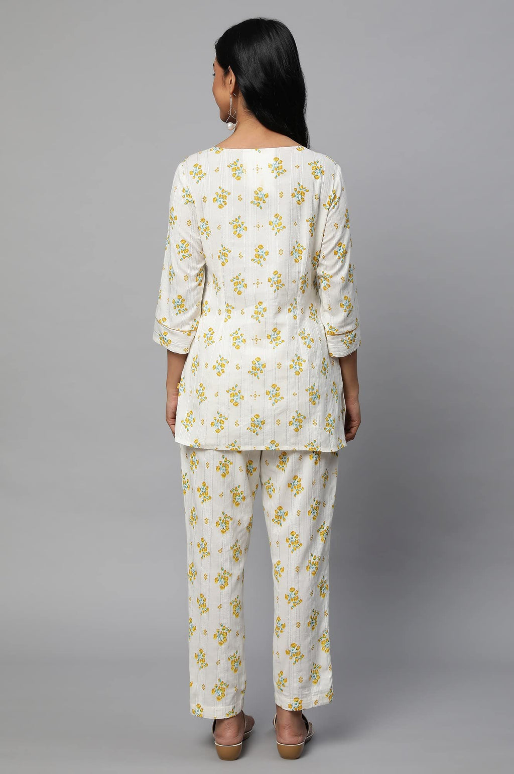 Beige Floral Print Summer Kurti Co-Ord Set