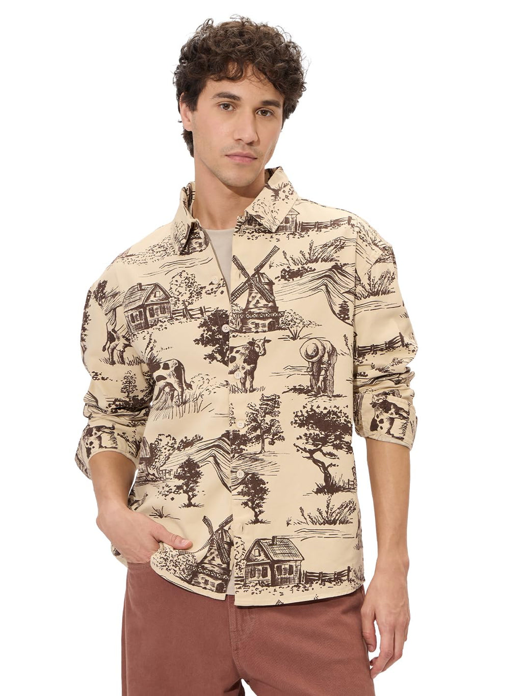 The Souled Store Rolling Hills Men and Boys Long Sleeves Collared Neck Button Front Beige and Brown All Over Printed Cotton Shac