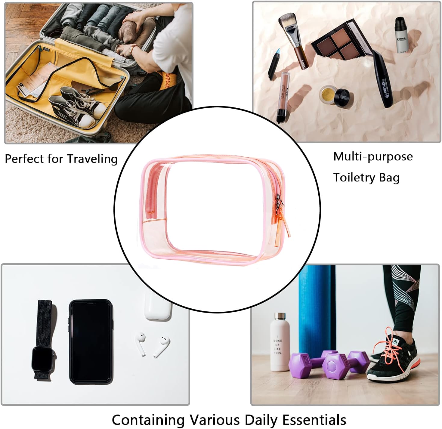 Clear Pouch, Clear Makeup Bag, 6.6x2.3x4.7 TSA Approved Toiletry Bag, Clear Travel Bags for Toiletries, Clear Cosmetic Bag for W