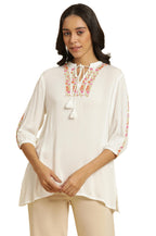 W Ecru Embroidered Rayon Tunic Top For Women
