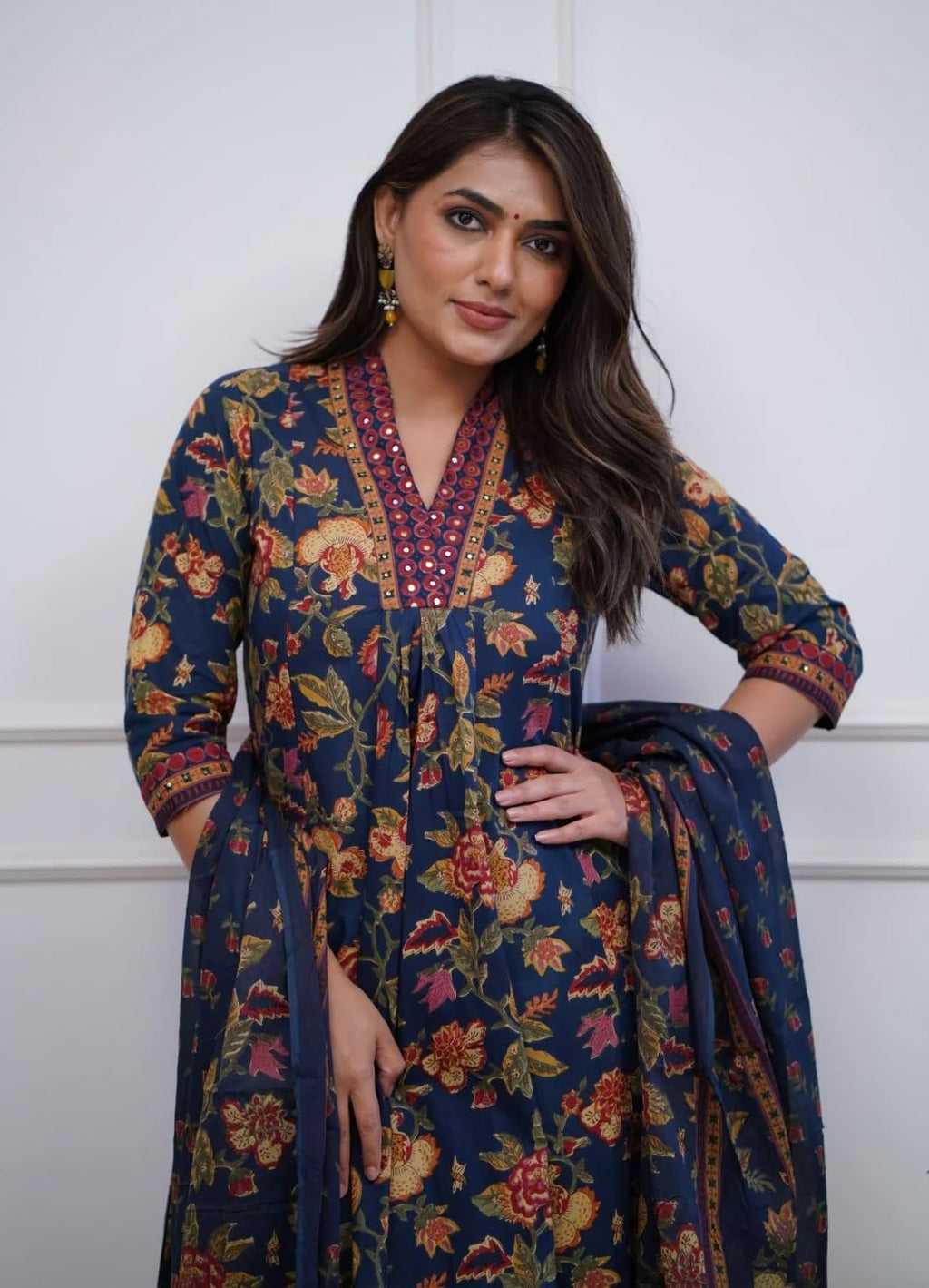 Nermosa Women Printed A-Line Kurta And Pant Set With Dupatta (In, Alpha, 2Xl, Blue)