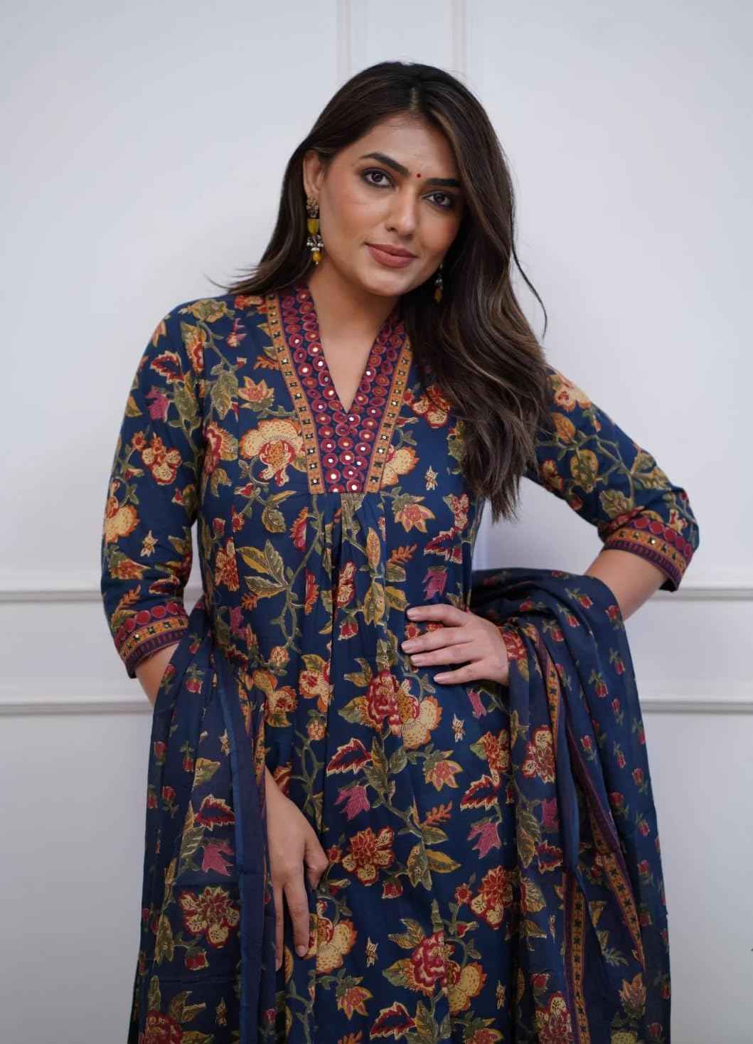 Nermosa Women Printed A-Line Kurta And Pant Set With Dupatta (In, Alpha, L, Blue)