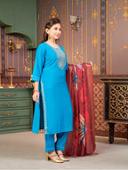 Aarika Girls Ethnic Wear Turqouise Colour Sequin Embroidery Silk Kurti Pant Set-10-15 Years (Kp-Sd-5993)