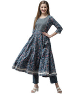 Ishin Women'S Cotton Blend Teal Embroidered Anarkali Kurta Trouser Set