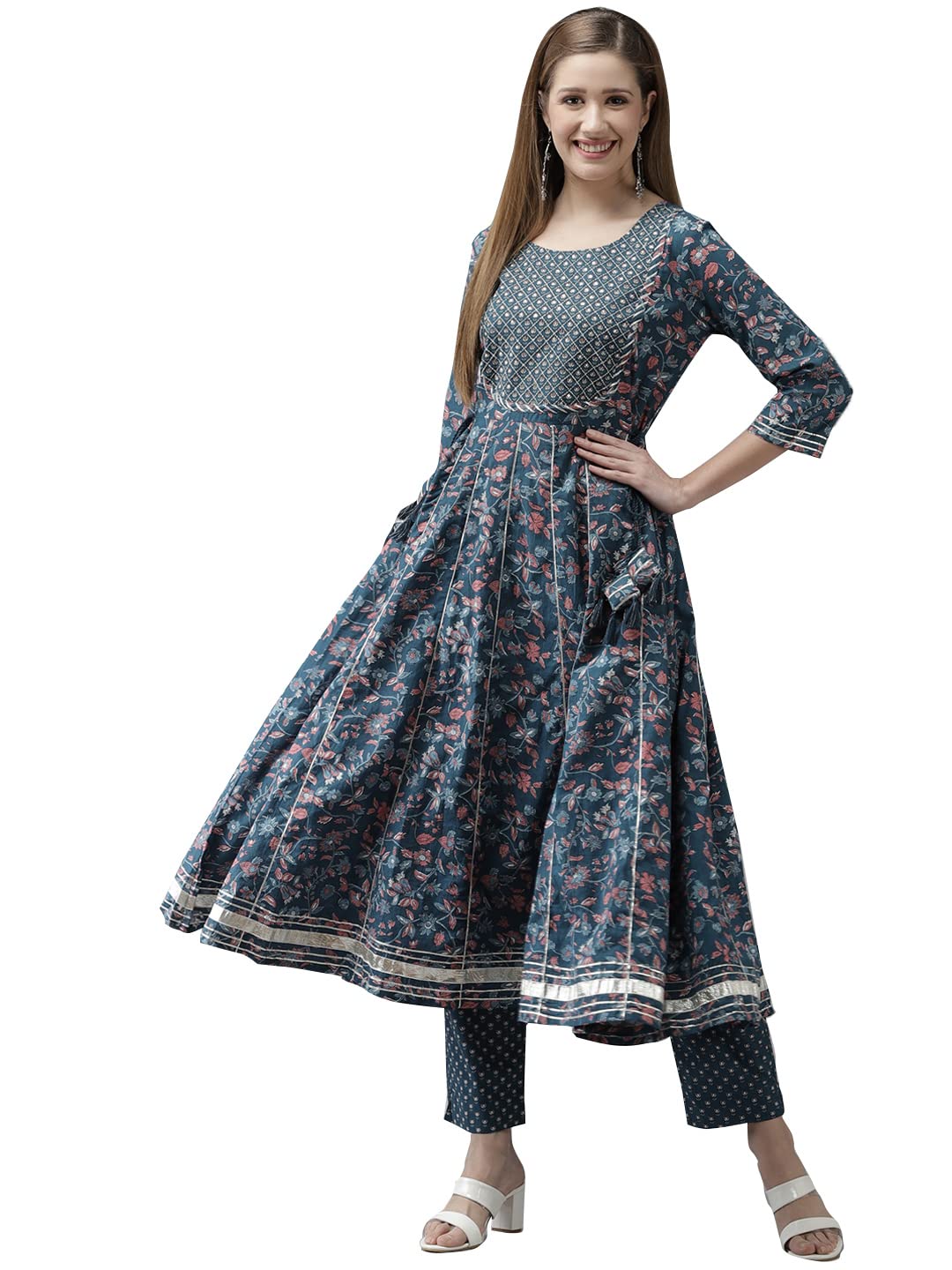 Ishin Women'S Cotton Blend Teal Embroidered Anarkali Kurta Trouser Set