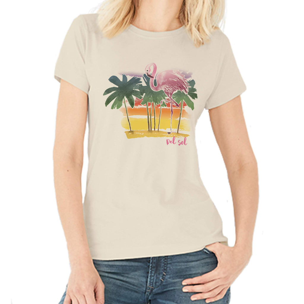 Women Crew Tee - Watercolor Flamingo - Beige by DelSol for Women - 1 Pc T-Shirt (Medium)