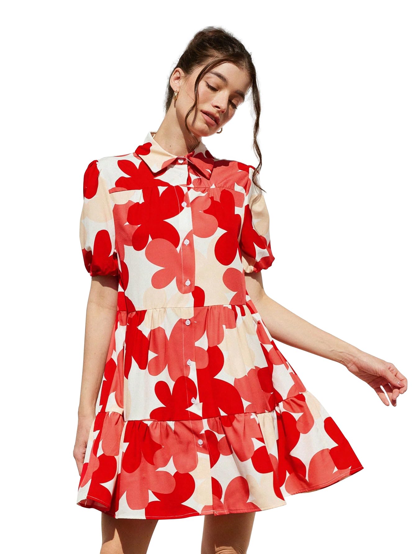 Shasmi WomenS Red Flower Print Short Sleeve Button Front All-Over Printed Dresses, Ruffle Hem Smock Dress For Woman (161 Dress 
