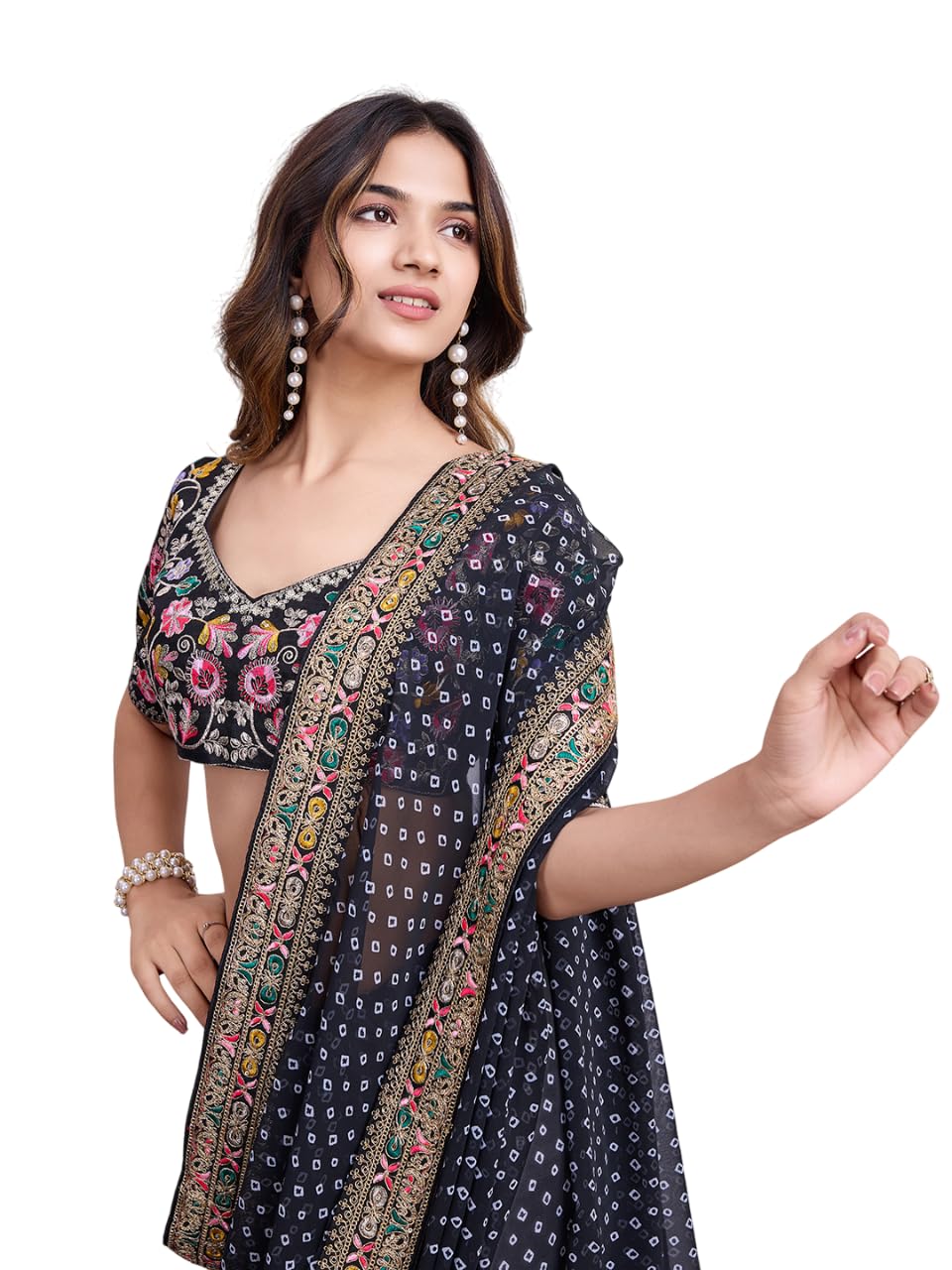 VAIRAGEE Women Soft Georgette BlackPrinted Embroidery Saree With Unstiched Blouse(6253)