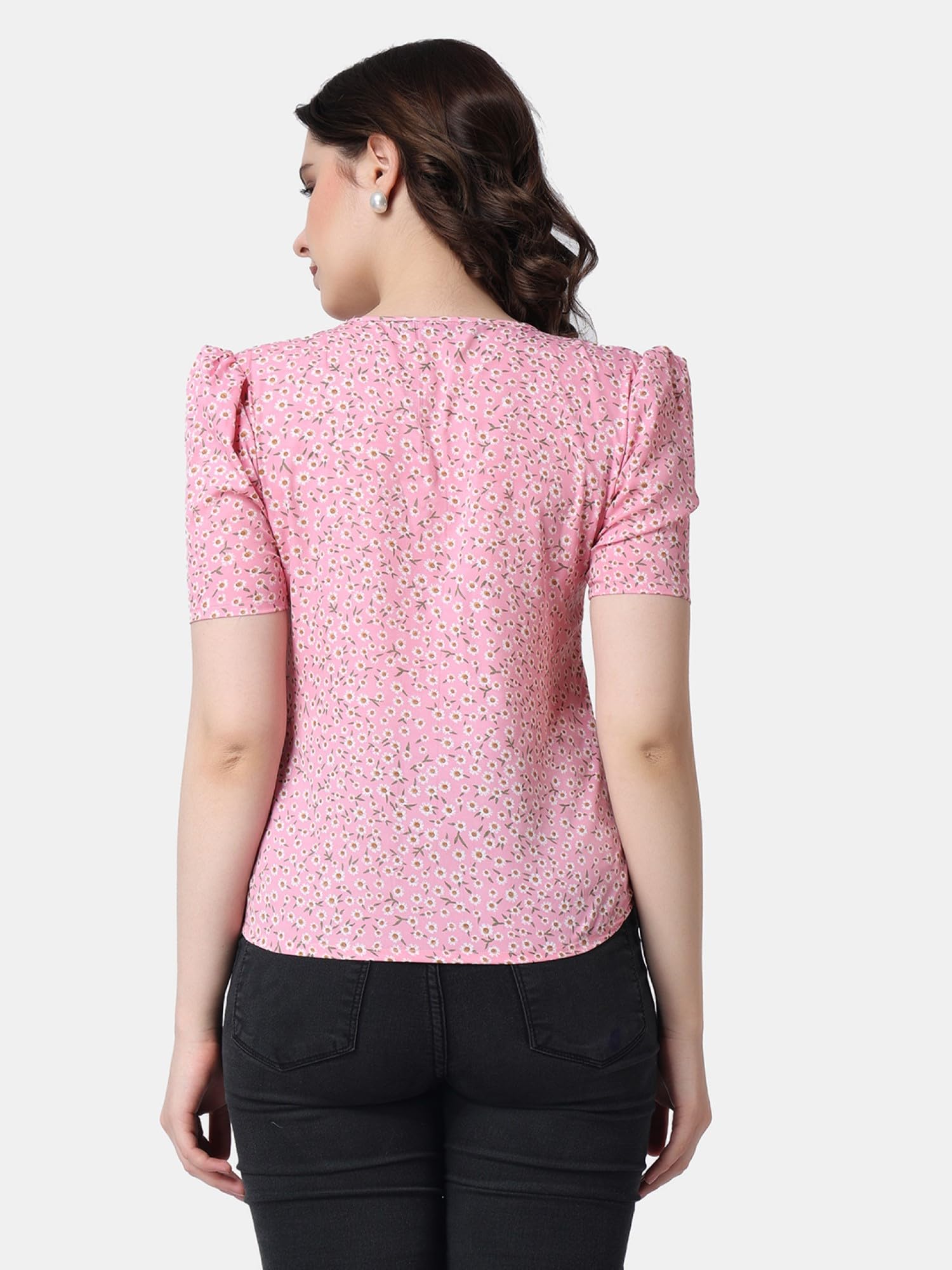 POPWINGS Casual Printed Puff Sleeves Round Neck Top for Women || Stylish Latest Summer Tops for Women || Hip-Length Women Top Li
