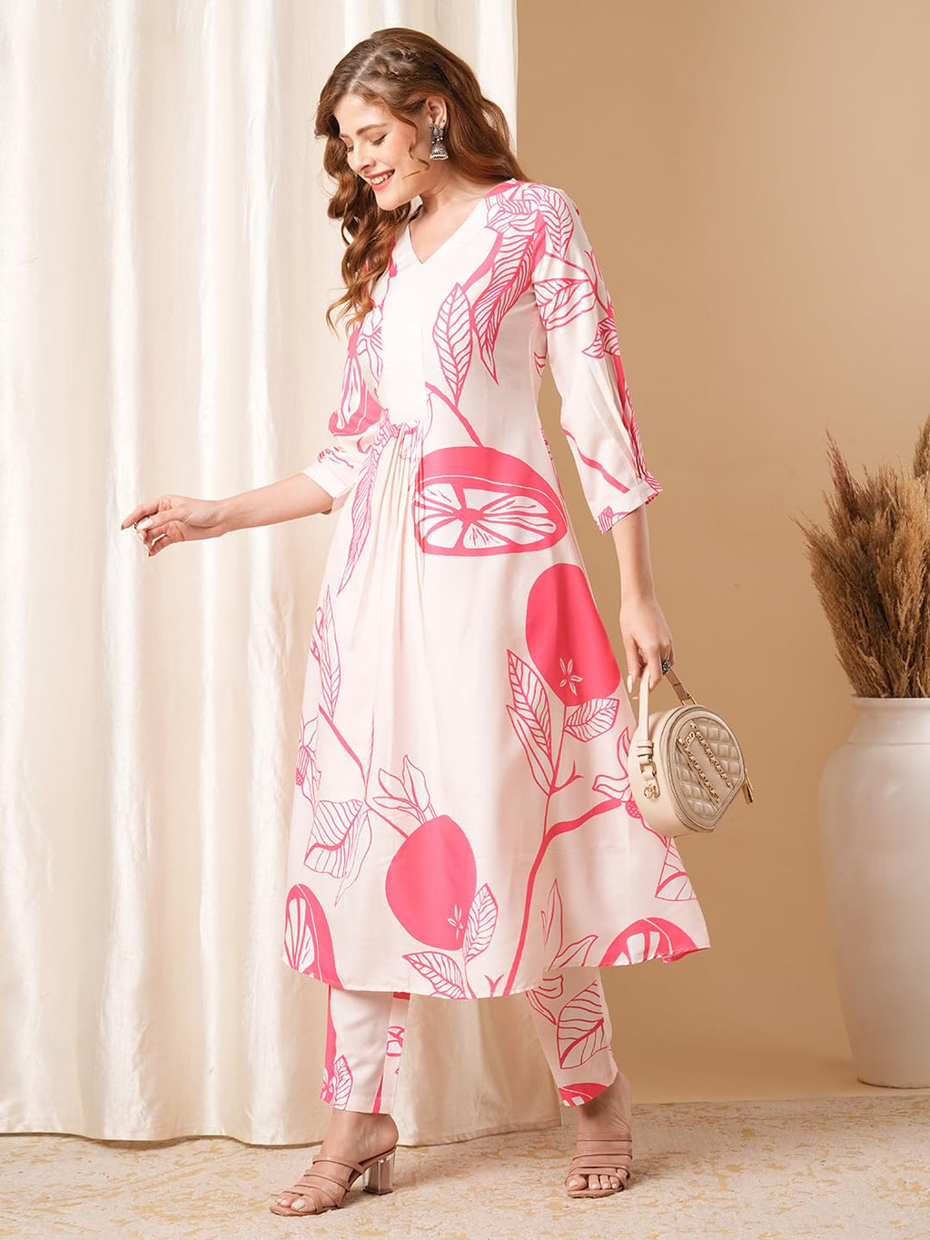 ANNI DESIGNER Ladies Cotton Blend Printed Kurta With Co-Ord Pants Set, pink, S