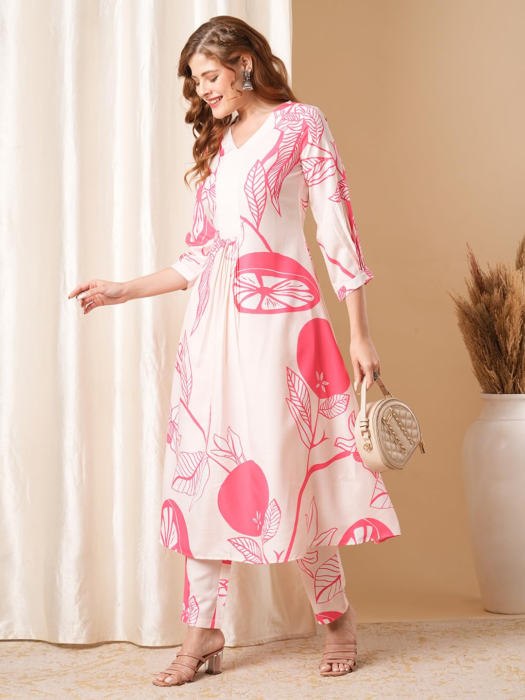 ANNI DESIGNER Ladies Cotton Blend Printed Kurta With Co-Ord Pants Set, pink, S