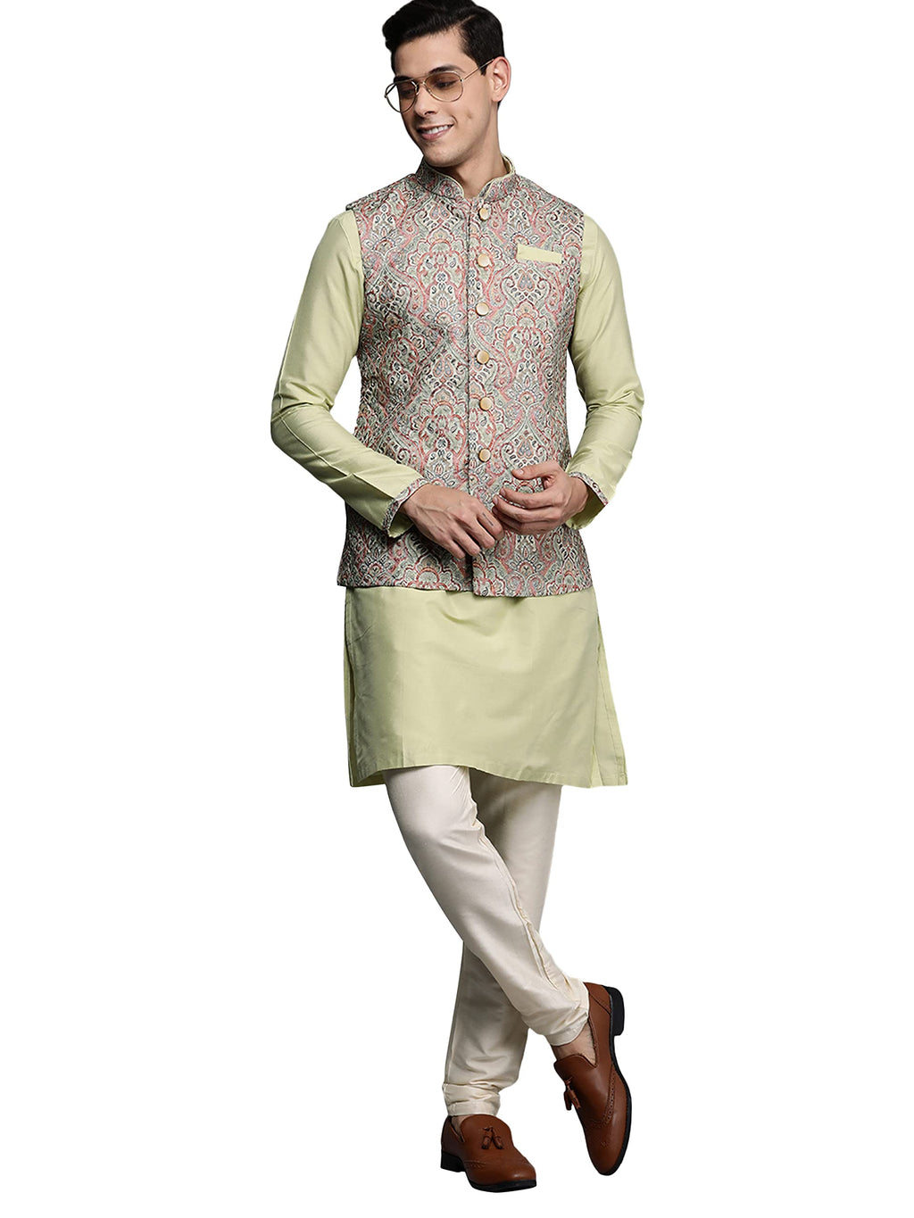 Manyavar Kurta Jacket Set for Men, Full Sleeves Mandarin Collar Ethnic Kurta Jacket Set for Festival, Wedding, Party Art Silk