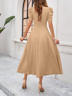Shasmi Girls & Womens Skin Solid Color V-Neck A-Line Maxi Dress for Women | New Year Party Outfit | Waist Cinched Puff Sleeve