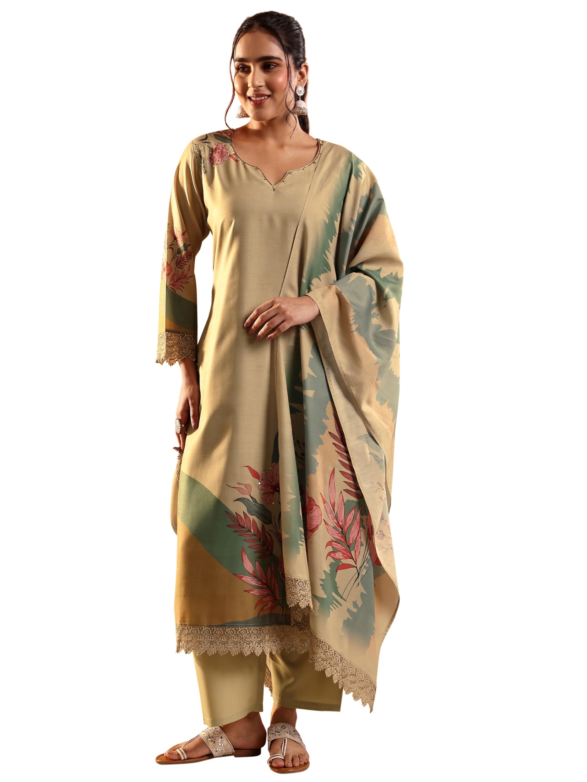 Libas Beige Printed Poly Crepe Straight-fit Kurta set for Women (51389S)