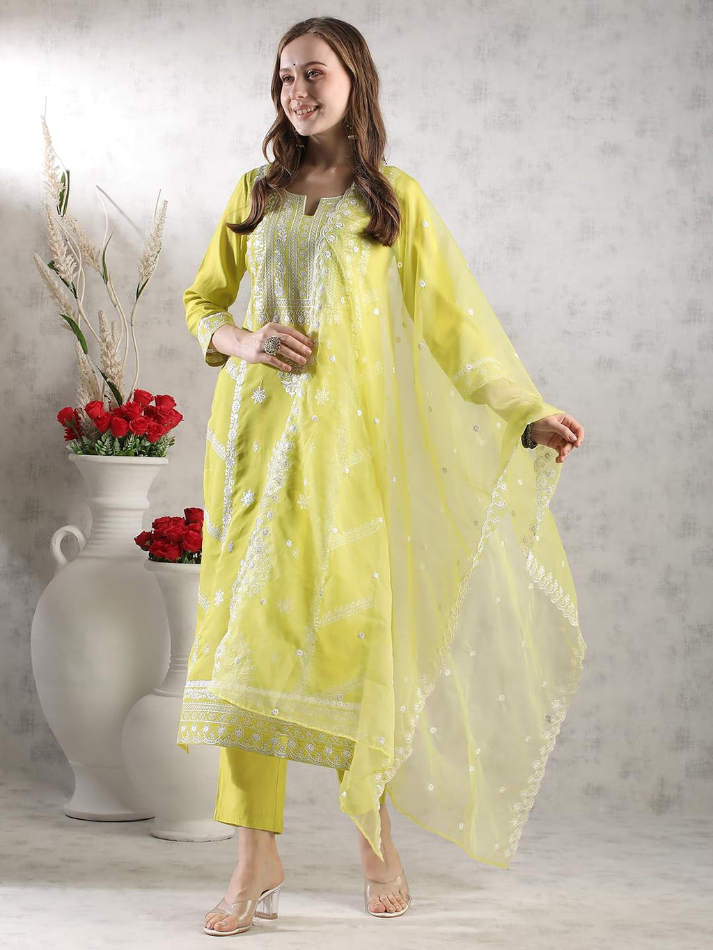 ANNI DESIGNER Women s Rayon Blend Kurta with Pants and Dupatta, Lemon Yellow, 3XL