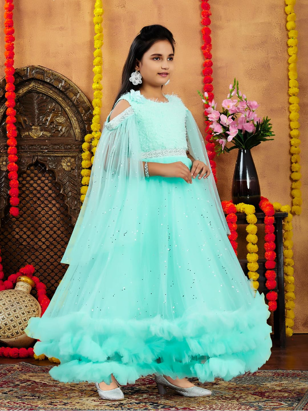 Aarika Girls Sea Green Colour Emballished Net Gown (4-11 Years)