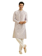 Manyavar Mens Art Silk Metallic Print Kurta Set (Purple,XL)