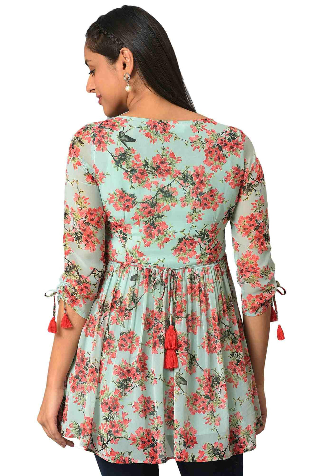 Aurelia Floral Printed Printed Synthetic Regular Green Kurti For Women