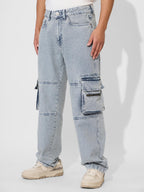The Souled Store Denim: Washed Blue Men and Boys Buttoned Solid Cotton Blend Baggy Fit Jeans