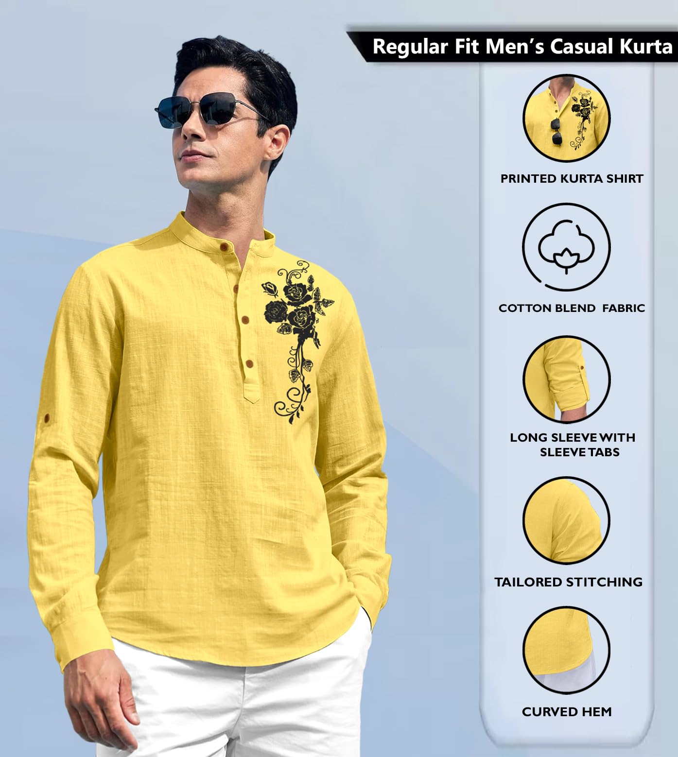 Zombom MenS Cotton Blend Mandarin Collar Self One Design Printed Full Sleeve Casual Short Kurta Shirt Yellow