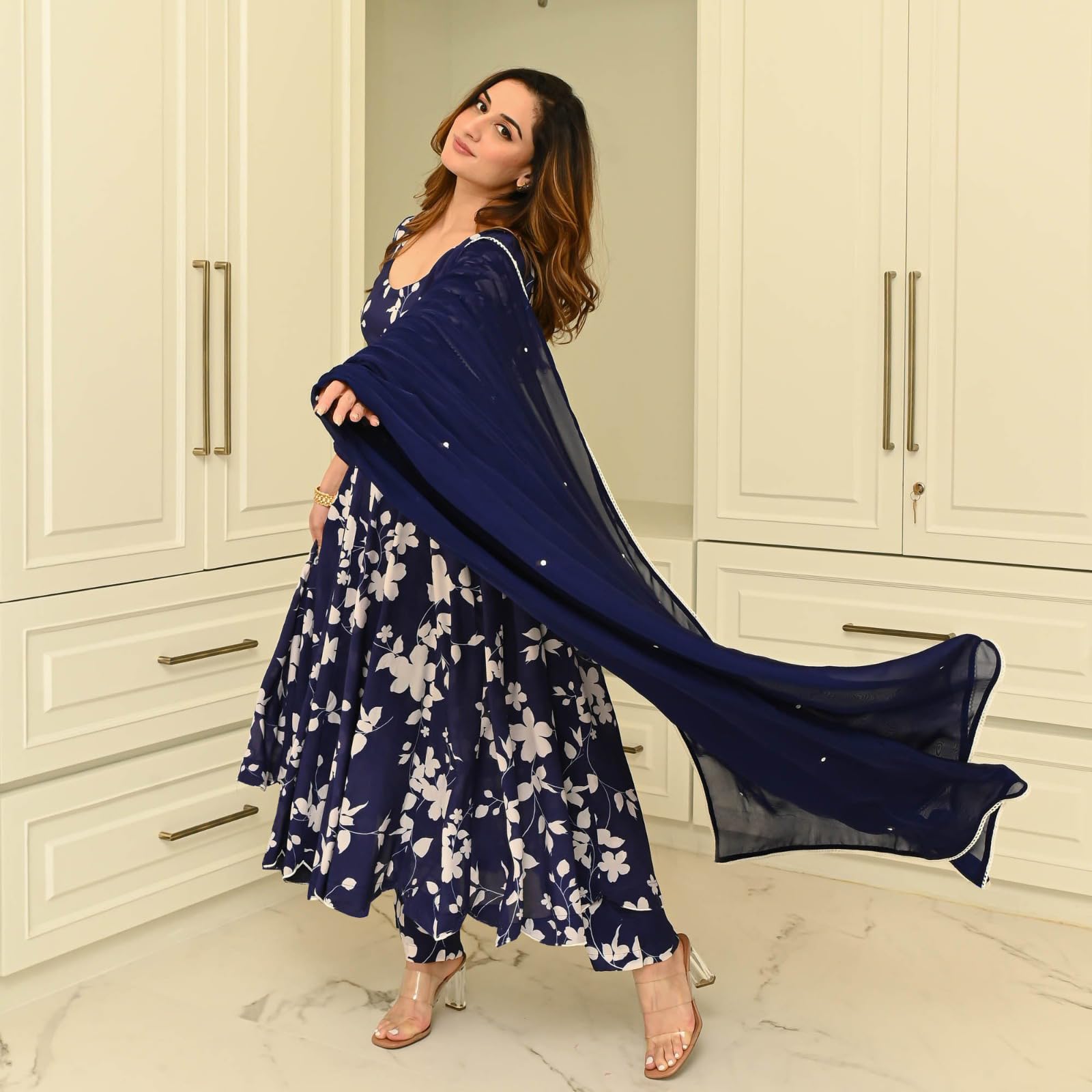 ANNI DESIGNER Womens Rayon Blend Printed Anarkali Kurta with Pant & Dupatta (Kanodiya Blue_XXL_Blue_XX-Large)